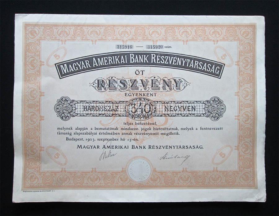 Magyar Amerikai Bank részvény 5x340 korona 1923